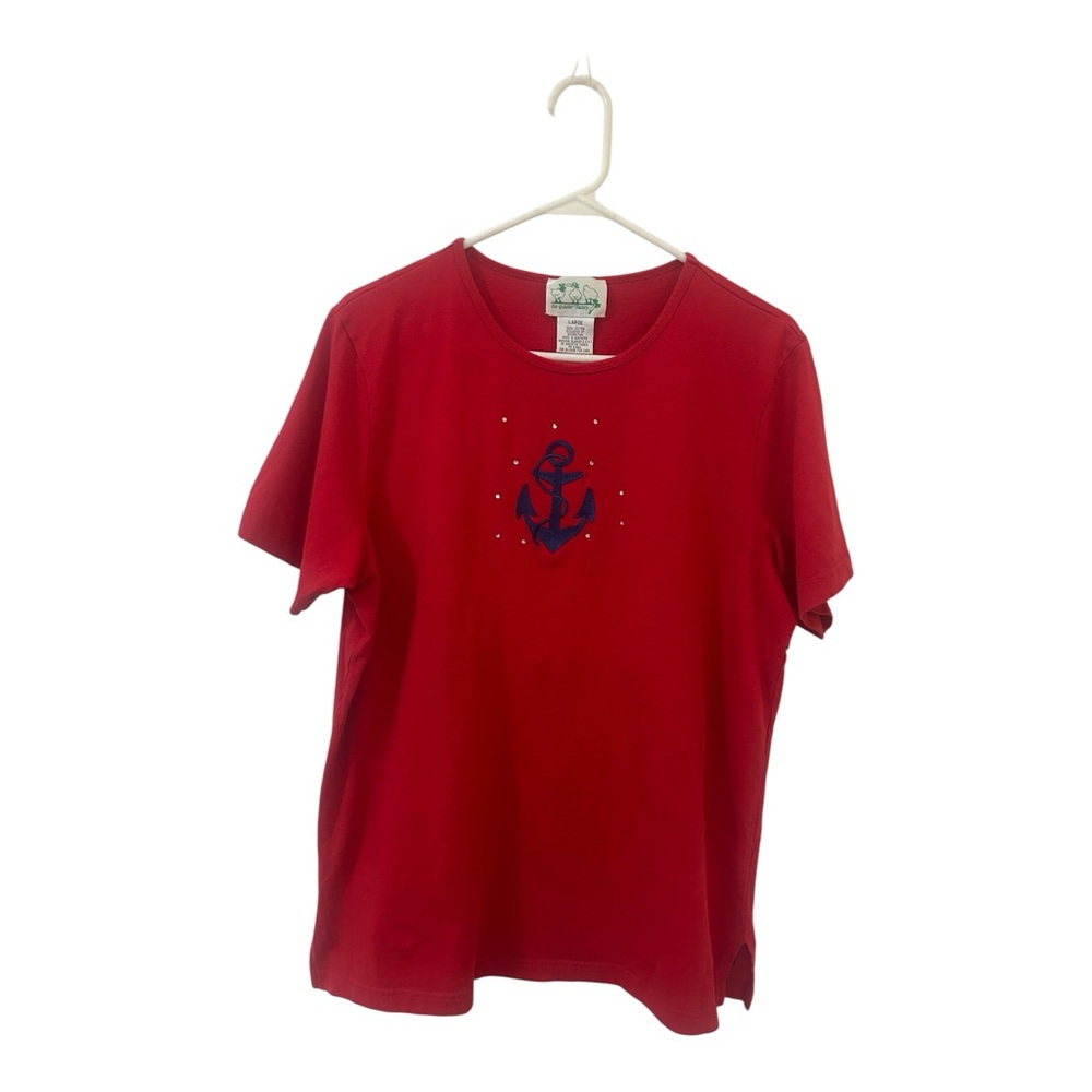Quacker Factory Red Anchor Embroidered Shirt with Rinestones 100% Cotton